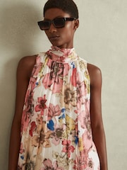 Reiss Cream/Pink Kady Floral Pleated Tie Neck Mini Dress - Image 1 of 5