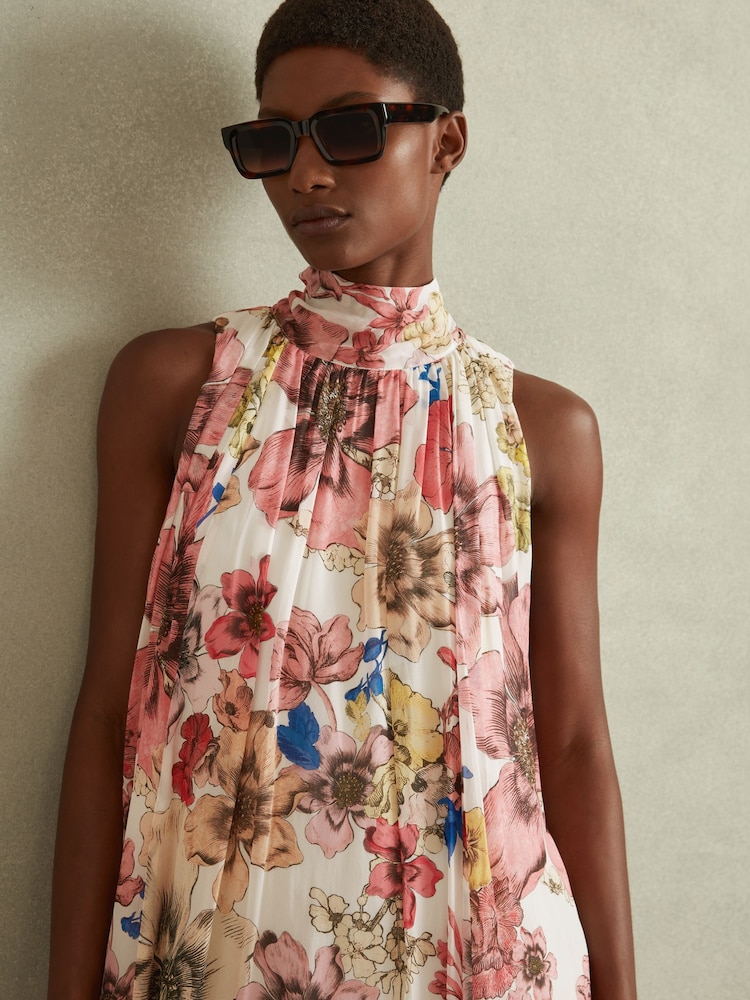 Reiss Cream/Pink Kady Floral Pleated Tie Neck Mini Dress - Image 1 of 5