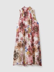 Reiss Cream/Pink Kady Floral Pleated Tie Neck Mini Dress - Image 2 of 5