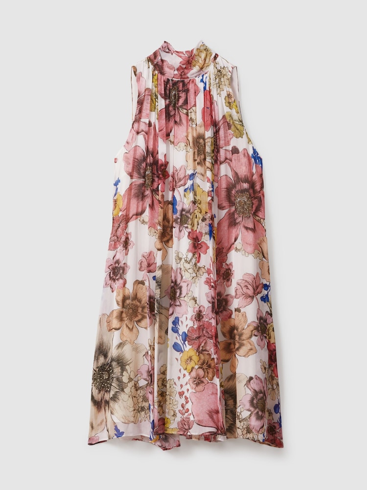 Reiss Cream/Pink Kady Floral Pleated Tie Neck Mini Dress - Image 2 of 5