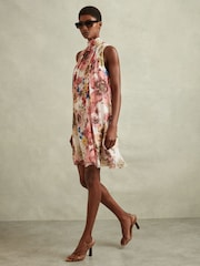 Reiss Cream/Pink Kady Floral Pleated Tie Neck Mini Dress - Image 3 of 5