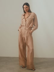 Reiss Camel Lorenza Belted Wide Leg Jumpsuit - Image 1 of 6