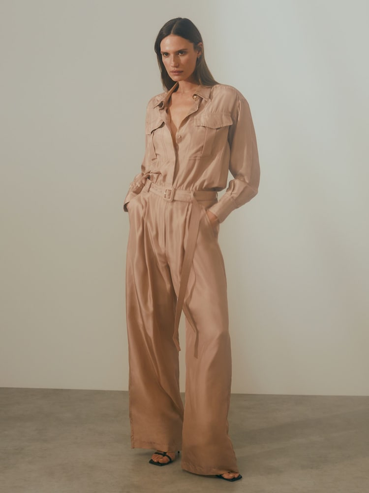 Reiss Camel Lorenza Belted Wide Leg Jumpsuit - Image 1 of 6