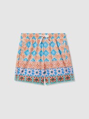 Reiss Orange Multi Arizona Teen Floral Tile Print Drawstring Swim Shorts - Image 1 of 4