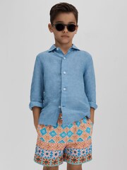 Reiss Orange Multi Arizona Teen Floral Tile Print Drawstring Swim Shorts - Image 2 of 4