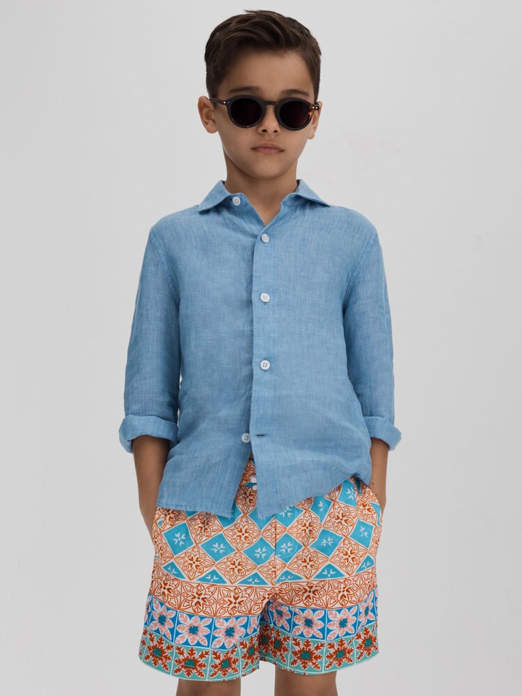 Reiss Orange Multi Arizona Teen Floral Tile Print Drawstring Swim Shorts - Image 2 of 4 Reiss Orange Multi Arizona Teen Floral Tile Print Drawstring Swim Shorts - Image 2 of 4