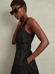 Reiss Black Liza Petite Cotton Ruched Strap Belted Midi Dress - Image 1 of 5