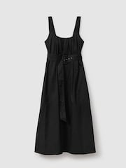 Reiss Black Liza Petite Cotton Ruched Strap Belted Midi Dress - Image 2 of 5