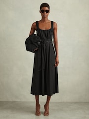 Reiss Black Liza Petite Cotton Ruched Strap Belted Midi Dress - Image 3 of 5