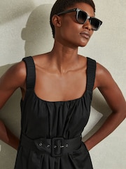 Reiss Black Liza Petite Cotton Ruched Strap Belted Midi Dress - Image 4 of 5