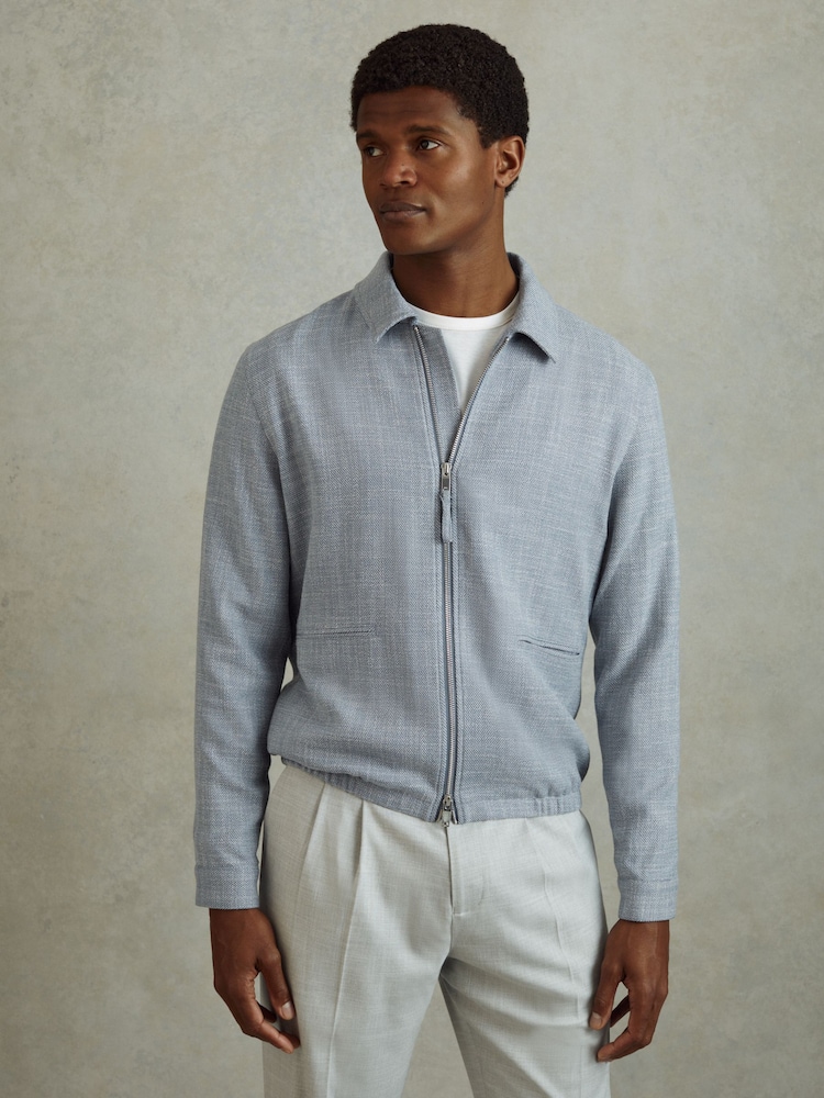 Reiss Soft Blue Lenzi Hopsack Blouson Jacket - Image 1 of 6