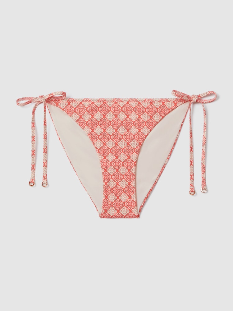 Reiss Cream/Coral Kallie Printed Side Tie Bikini Bottoms - Image 2 of 5
