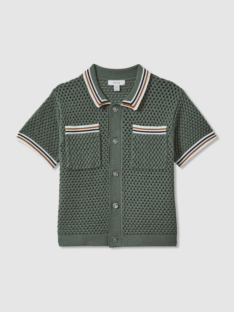 Reiss Dark Sage Green Coulson 13-14 yrs Crochet Contrast Trim Shirt - Image 1 of 5
