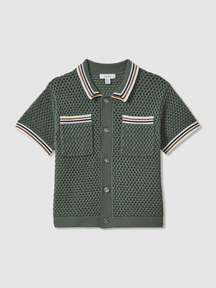 Reiss Dark Sage Green Coulson 13-14 yrs Crochet Contrast Trim Shirt - Image 1 of 5 Reiss Dark Sage Green Coulson 13-14 yrs Crochet Contrast Trim Shirt - Image 1 of 5