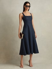 Reiss Navy Etta 100% Linen Corset Midi Dress - Image 1 of 5