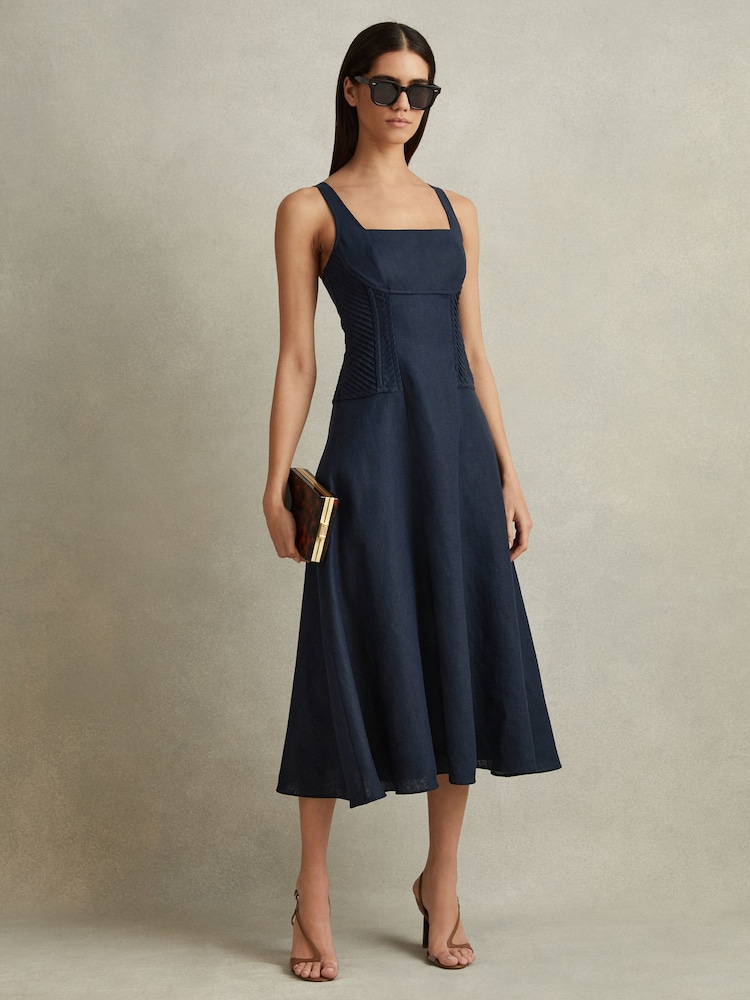Reiss Navy Etta 100% Linen Corset Midi Dress - Image 1 of 5
