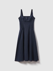 Reiss Navy Etta 100% Linen Corset Midi Dress - Image 2 of 5