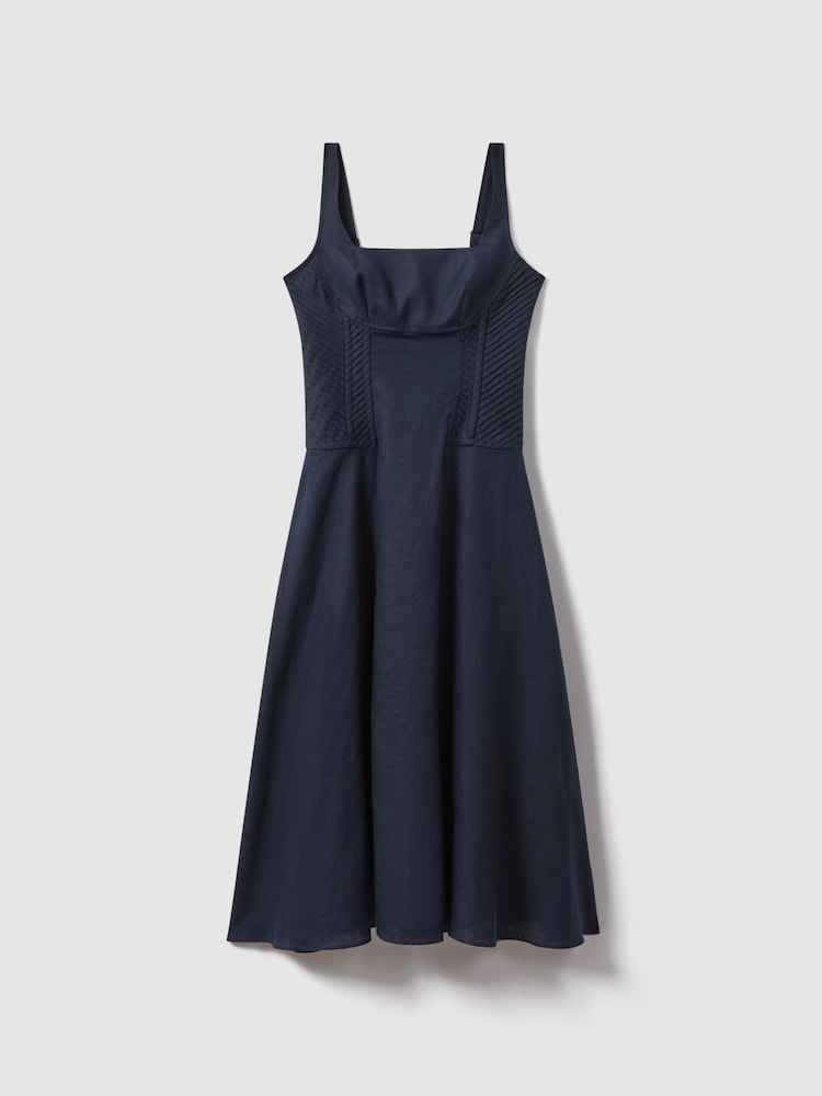 Reiss Navy Etta 100% Linen Corset Midi Dress - Image 2 of 5