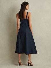 Reiss Navy Etta 100% Linen Corset Midi Dress - Image 4 of 5