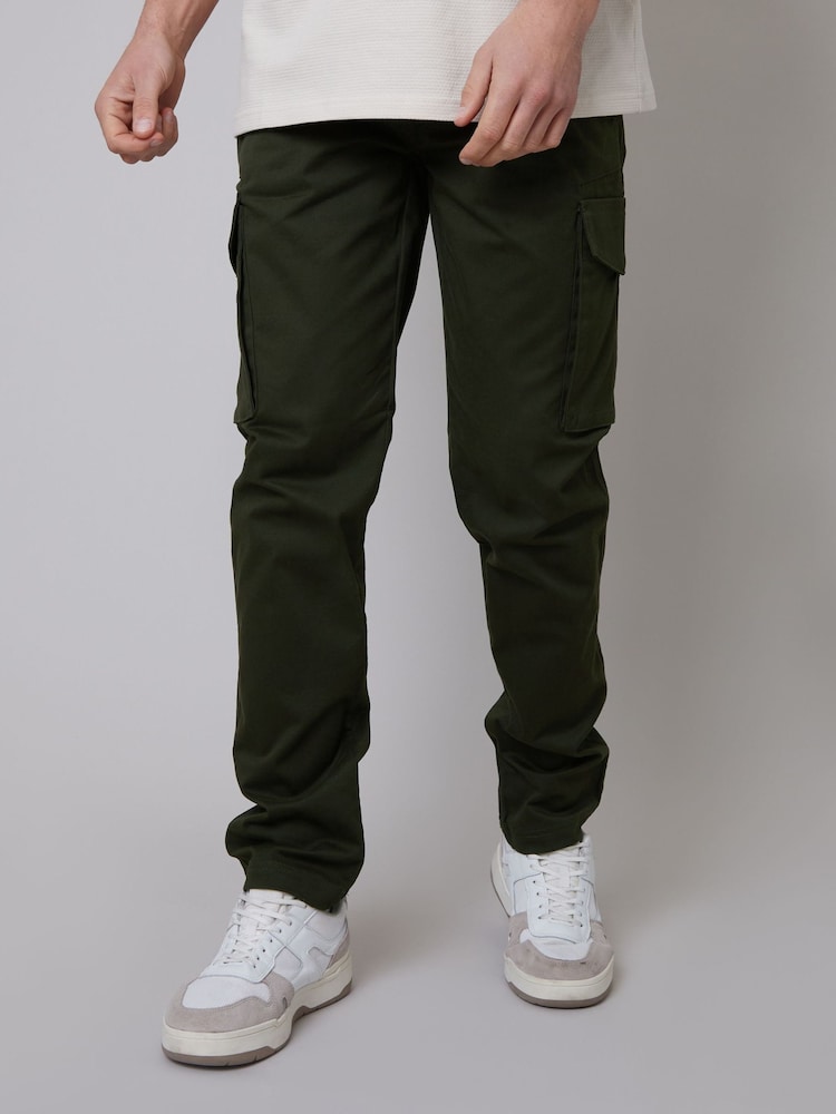 Threadbare Forest Green Cotton Cargo Pocket Chino Trousers With Stretch - Image 1 of 4