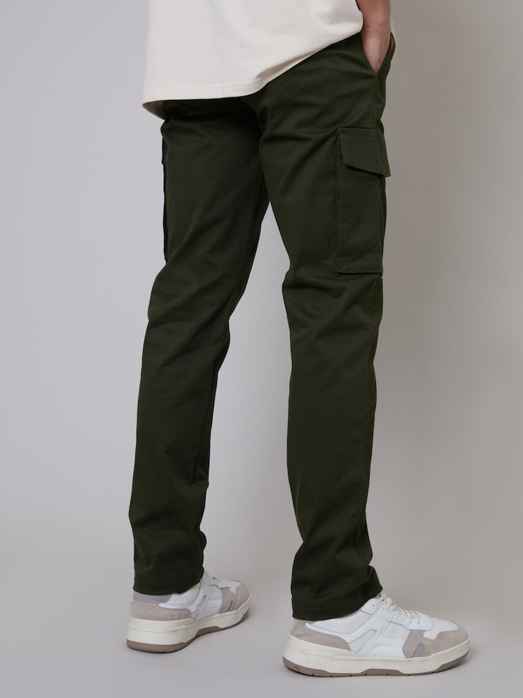 Threadbare Forest Green Cotton Cargo Pocket Chino Trousers With Stretch - Image 2 of 4
