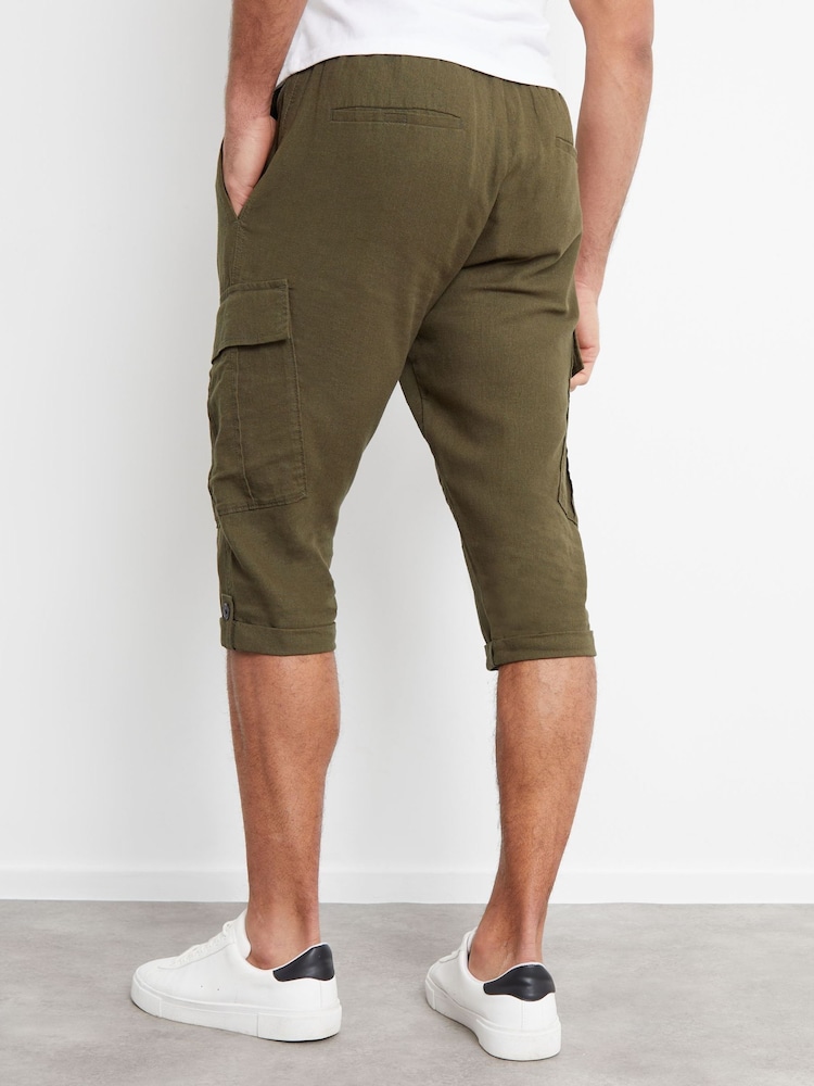 Threadbare Khaki Linen Blend 3/4 Length Cargo Trousers - Image 2 of 4
