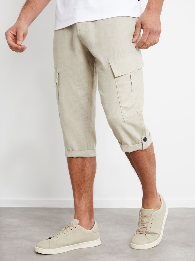 Threadbare Light stone Linen Blend 3/4 Length Cargo Trousers - Image 1 of 4