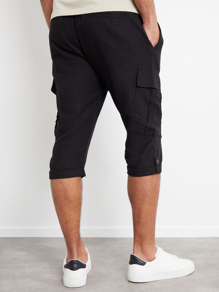 Threadbare Black Linen Blend 3/4 Length Cargo Trousers - Image 2 of 4