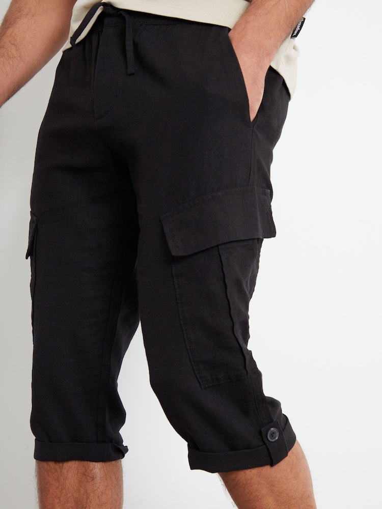 Threadbare Black Linen Blend 3/4 Length Cargo Trousers - Image 4 of 4