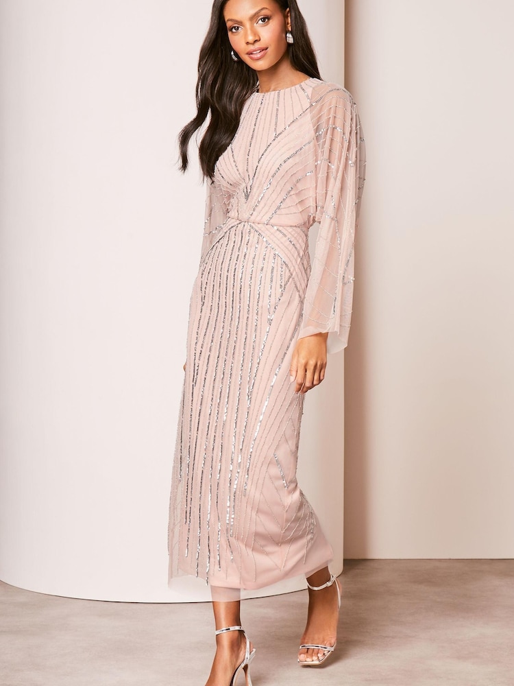 Lipsy Pink Hand Embellished Mesh Sleeve Cape Maxi Dress - Image 1 of 4