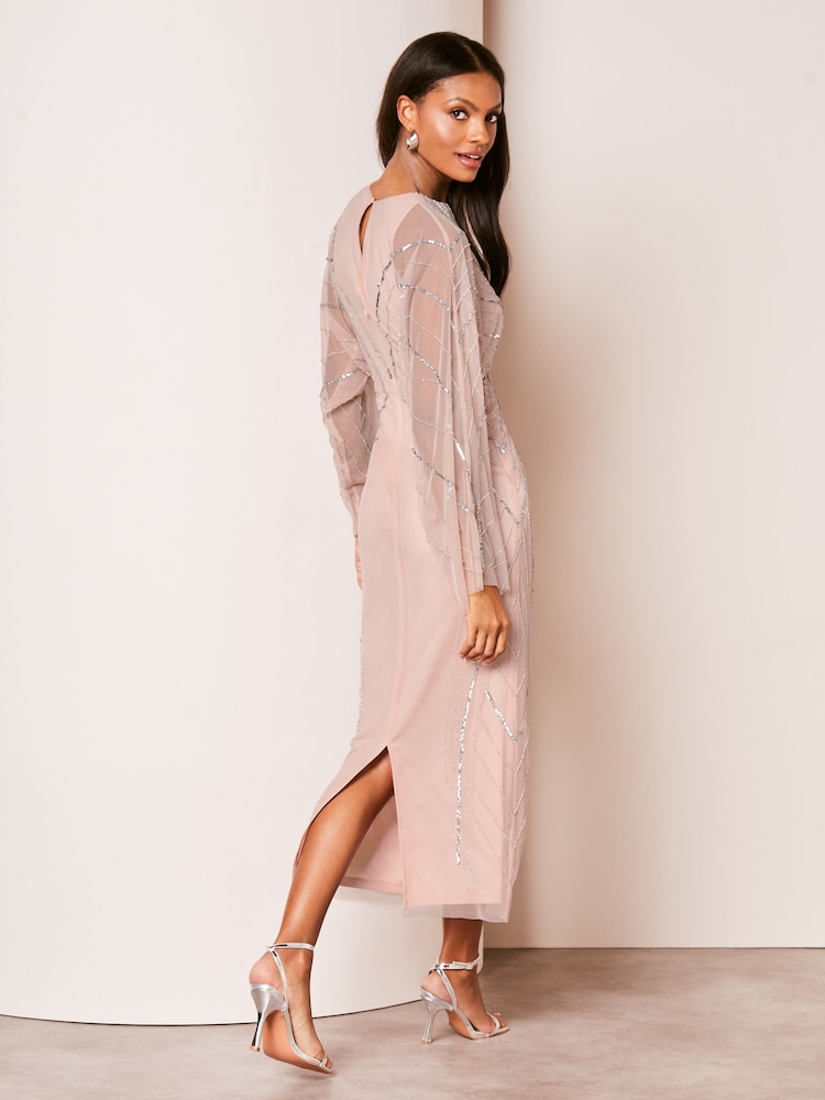 Lipsy Pink Hand Embellished Mesh Sleeve Cape Maxi Dress - Image 2 of 4