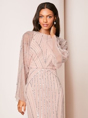 Lipsy Pink Hand Embellished Mesh Sleeve Cape Maxi Dress - Image 3 of 4