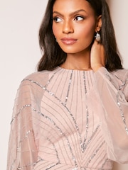 Lipsy Pink Hand Embellished Mesh Sleeve Cape Maxi Dress - Image 4 of 4
