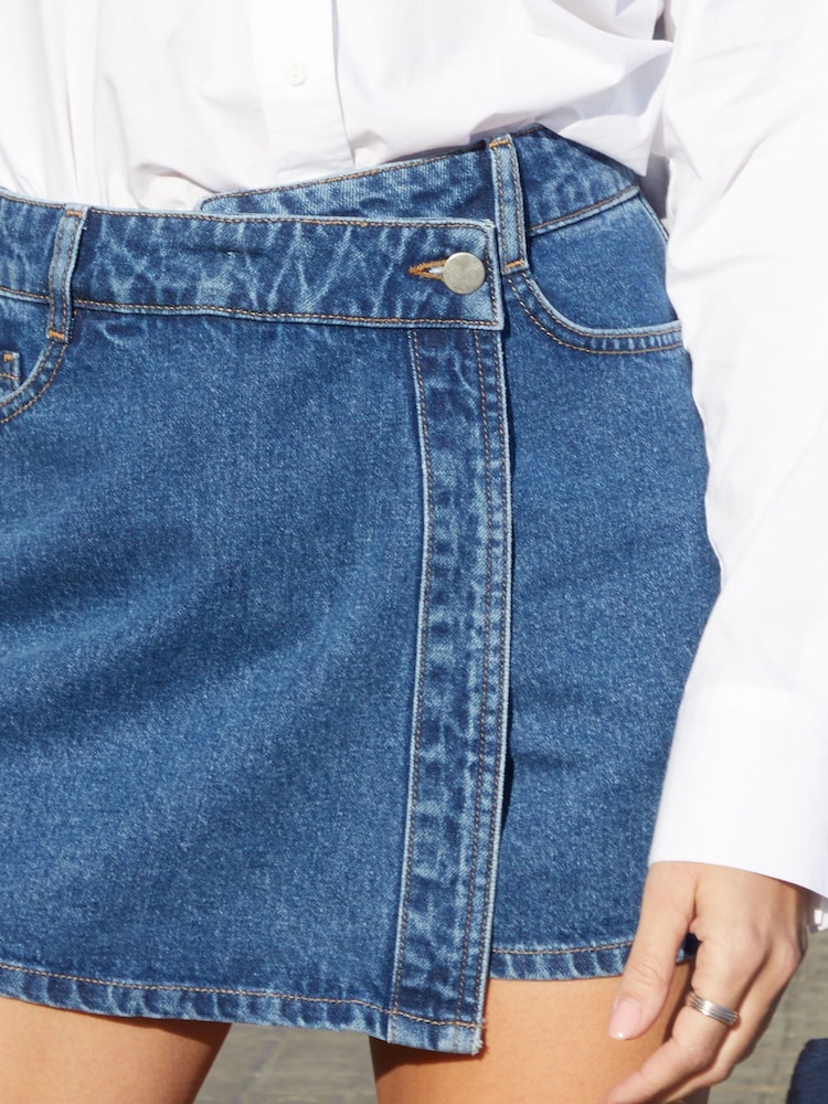 Threadbare Mid Wash Wrap Front 100% Cotton Denim Skort - Image 4 of 4