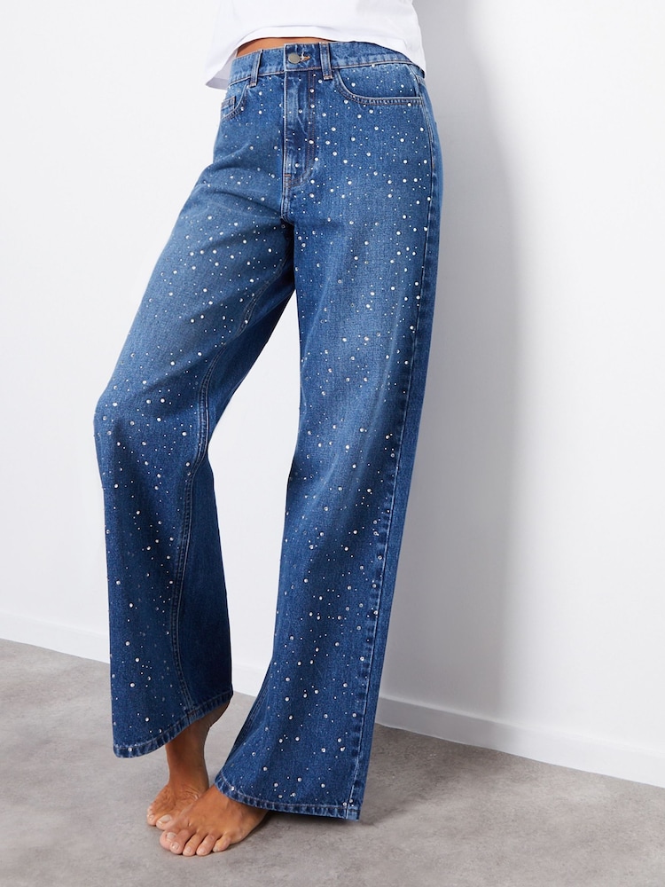 Threadbare Blue Embellished Wide Leg Denim 100% Cotton Jeans - Image 1 of 5