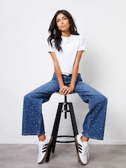 Threadbare Blue Embellished Wide Leg Denim 100% Cotton Jeans - Image 2 of 5
