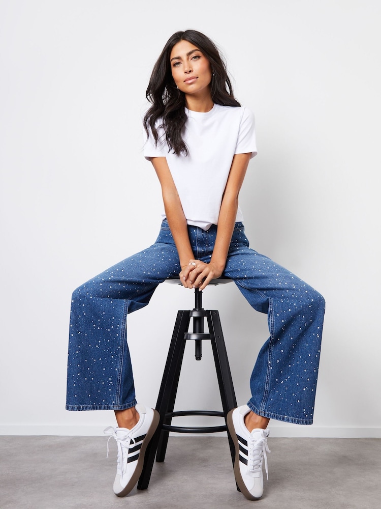 Threadbare Blue Embellished Wide Leg Denim 100% Cotton Jeans - Image 2 of 5