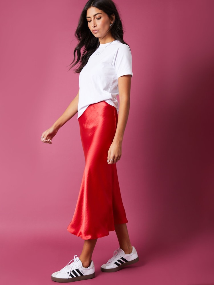 Threadbare Red Satin Midi Skirt - Image 1 of 5