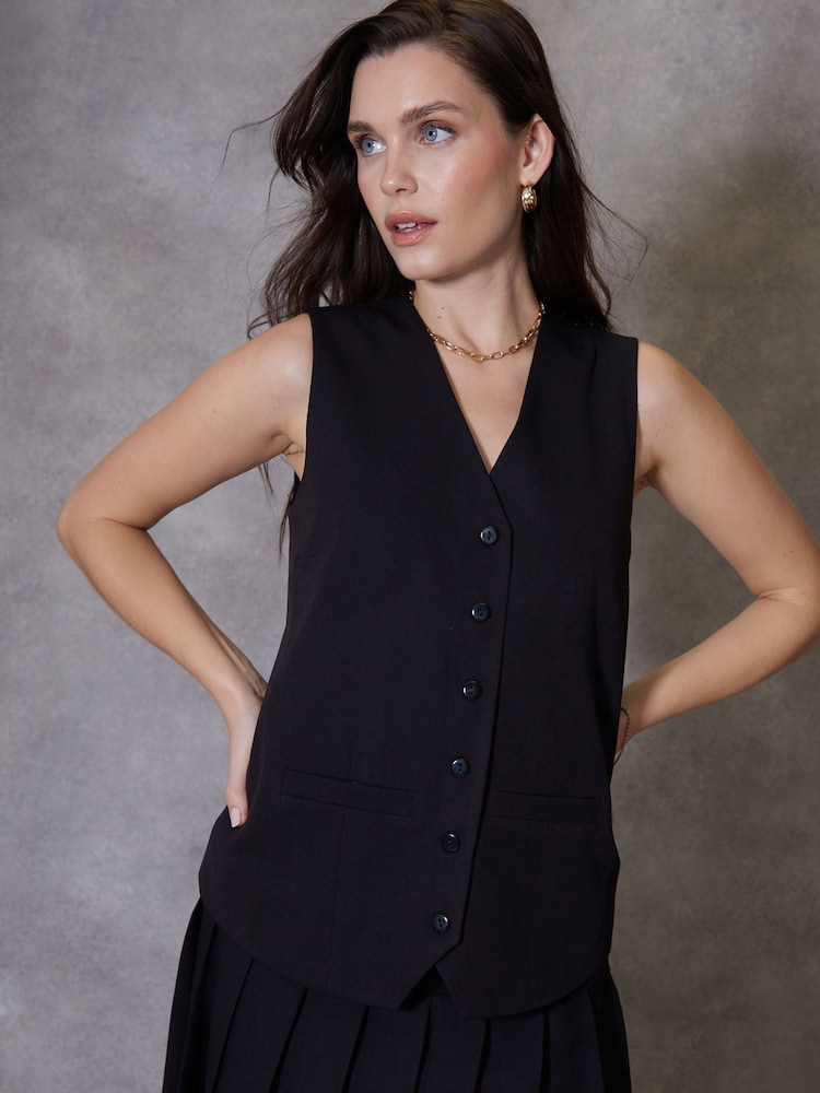Threadbare Black Longline Fitted Tailored Waistcoat - Image 1 of 5