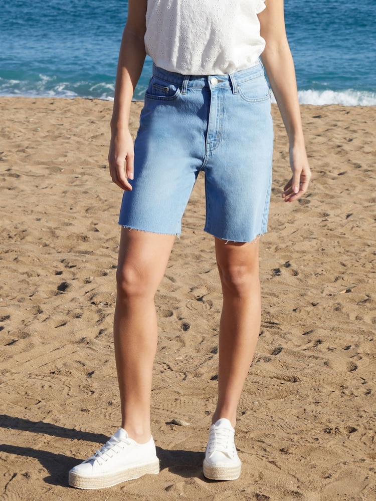 Threadbare Light Blue Wash Raw Hem Denim Bermuda Shorts - Image 1 of 4