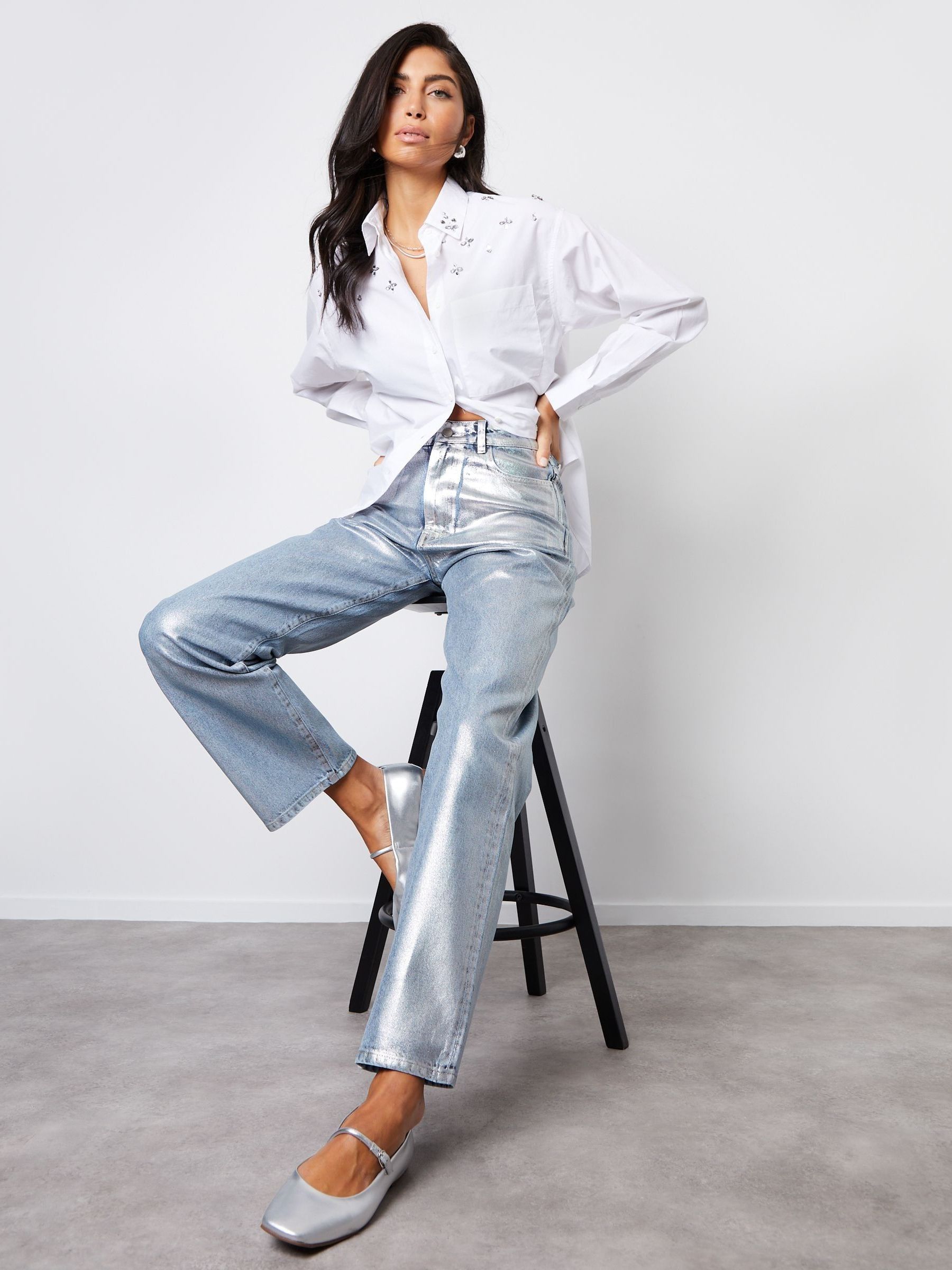 Buy Threadbare Silver Wide Leg Coated Metallic Denim 100 Buy Threadbare Silver Wide Leg Coated Metallic Denim 100