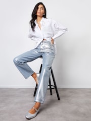Threadbare Silver Wide Leg Coated Metallic Denim 100% Cotton Jeans - Image 1 of 5