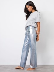 Threadbare Silver Wide Leg Coated Metallic Denim 100% Cotton Jeans - Image 3 of 5