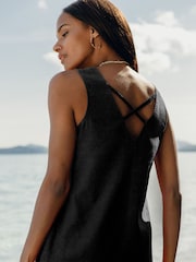 Threadbare Black Petite Linen Blend V-Neck Shift Dress - Image 3 of 5