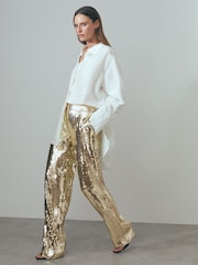 Reiss Gold Celia Atelier Sequin Wide Leg Trousers - Image 1 of 6