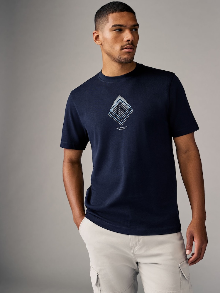 Navy Blue/Burgundy Red/Grey Relaxed Fit Graphic Print Heavyweight 100% Cotton T-Shirt - Image 2 of 10