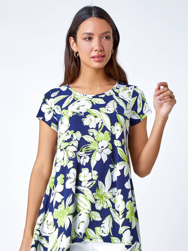 Roman Green Textured Floral Stretch Hanky Hem Tunics - Image 1 of 5
