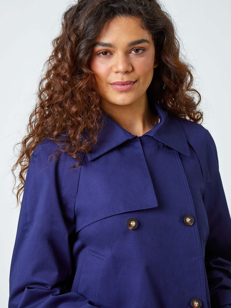 Roman Blue Cotton Blend Cropped Stretch Trench Coat - Image 1 of 5