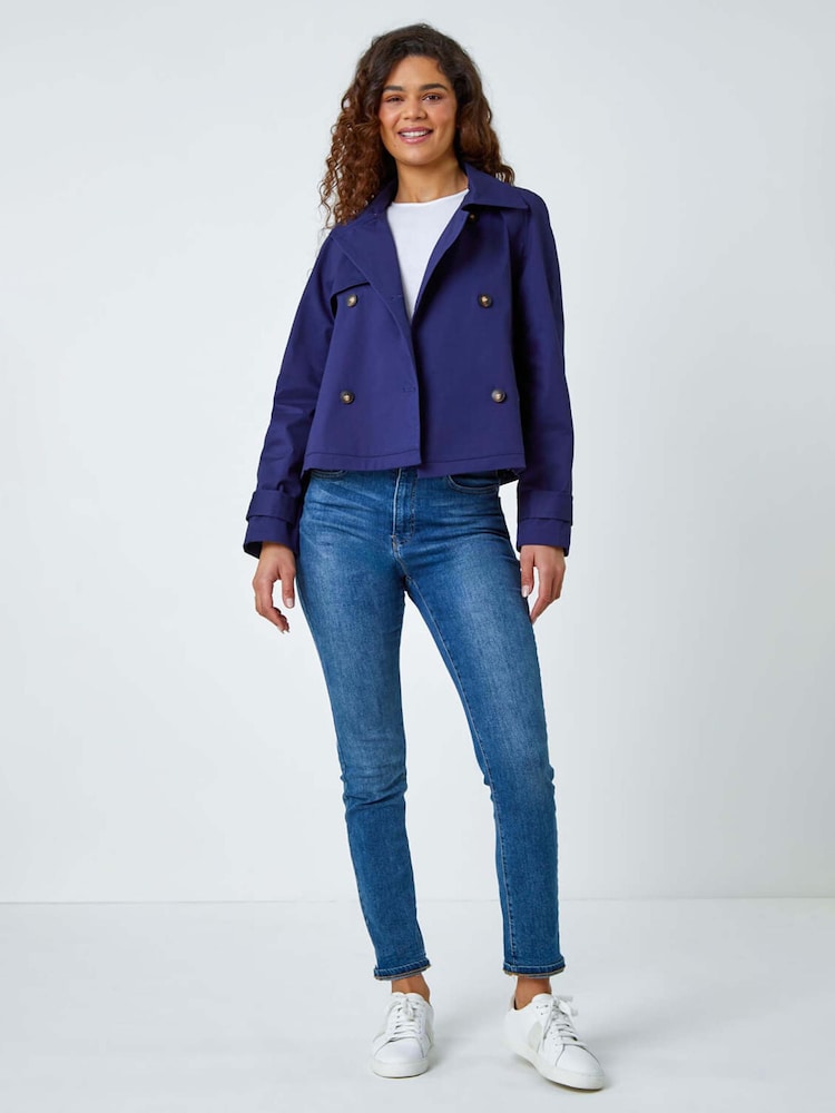 Roman Blue Cotton Blend Cropped Stretch Trench Coat - Image 2 of 5