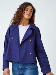 Roman Blue Cotton Blend Cropped Stretch Trench Coat - Image 4 of 5
